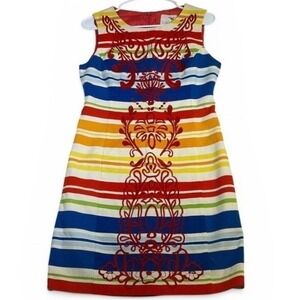 Tabitha Anthropologie Rainbow Striped Embroidered Shift Dress Size 6 Sleeveless
